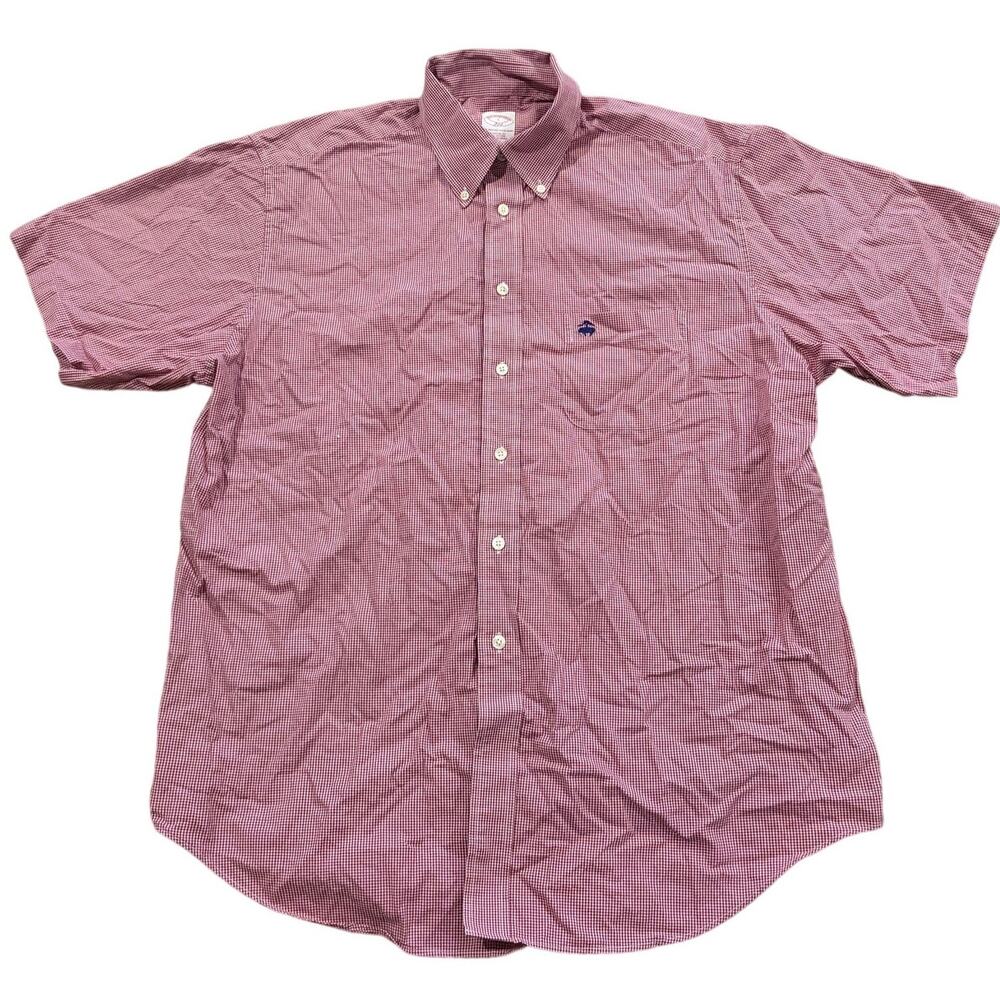 Brooks Brothers 346 Shirt Mens L Red Gingham Check Plaid Short Sleeve Logo